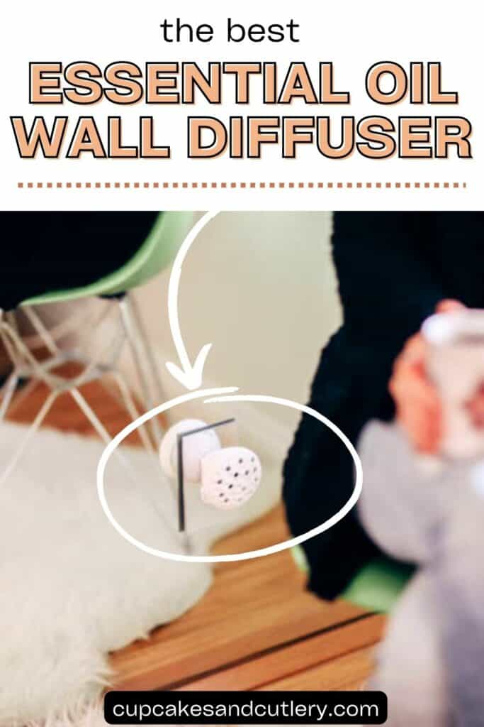 Text: The Best Essential Oil Wall Diffuser with an image of a plug in oil diffuser in an outlet with a woman sitting in front of it and a circle around it with an arrow pointing to it.