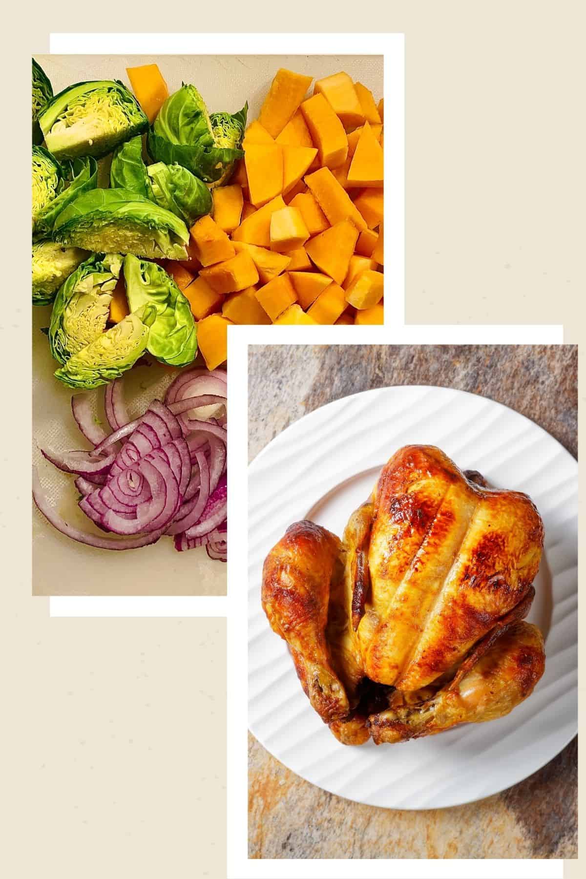 Collage of photos of a rotisserie chicken and chopped vegetables.