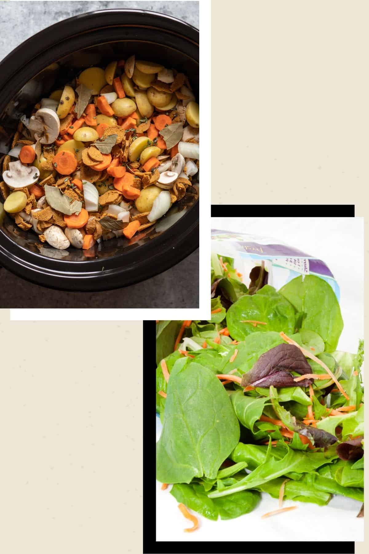 Collage of images of a crockpot meal and a bagged salad.
