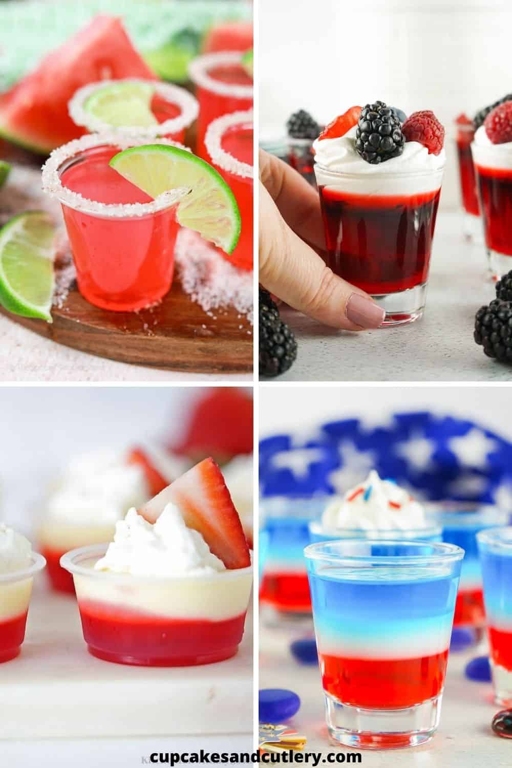 Collage of festive Jello Shots to serve at your 4th of July party.