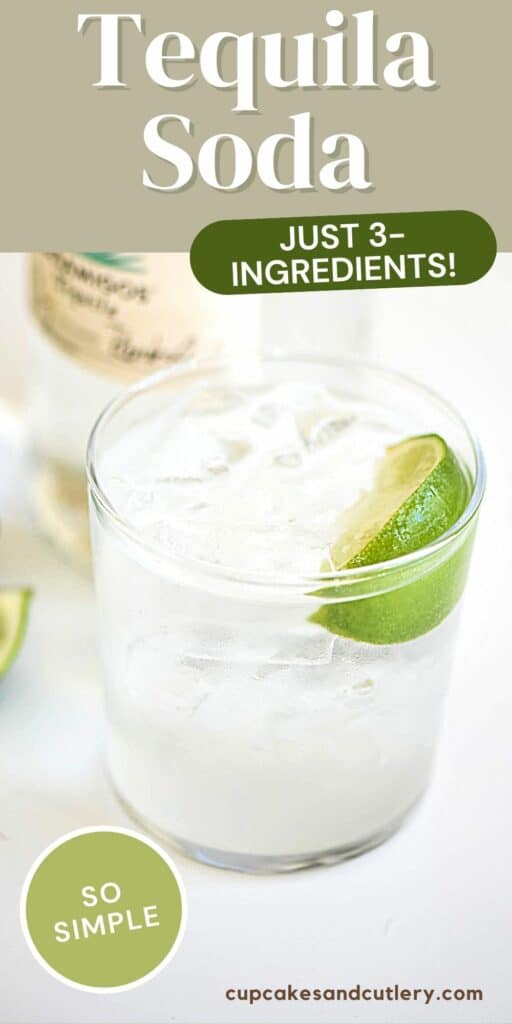 Text - Tequila Soda just 3 ingredients above a short cocktail glass with a lime garnish.