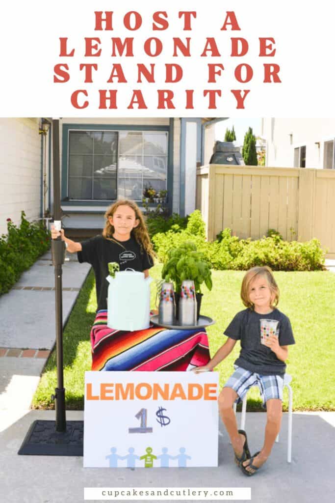 Text - Host a Lemonade Stand for Charity with an image of two boys at their DIY Lemonade Stand.