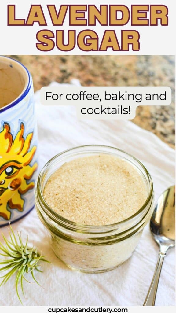 Jar of lavender sugar next to a mug on the countertop.