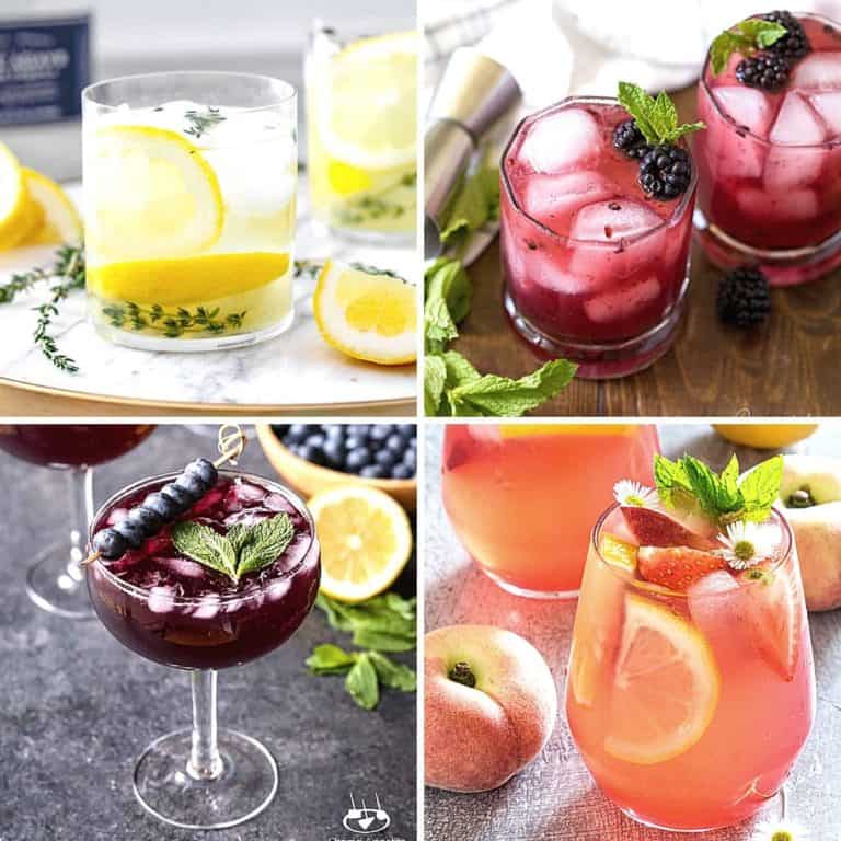Collage of lemonade cocktails to make on a warm day.