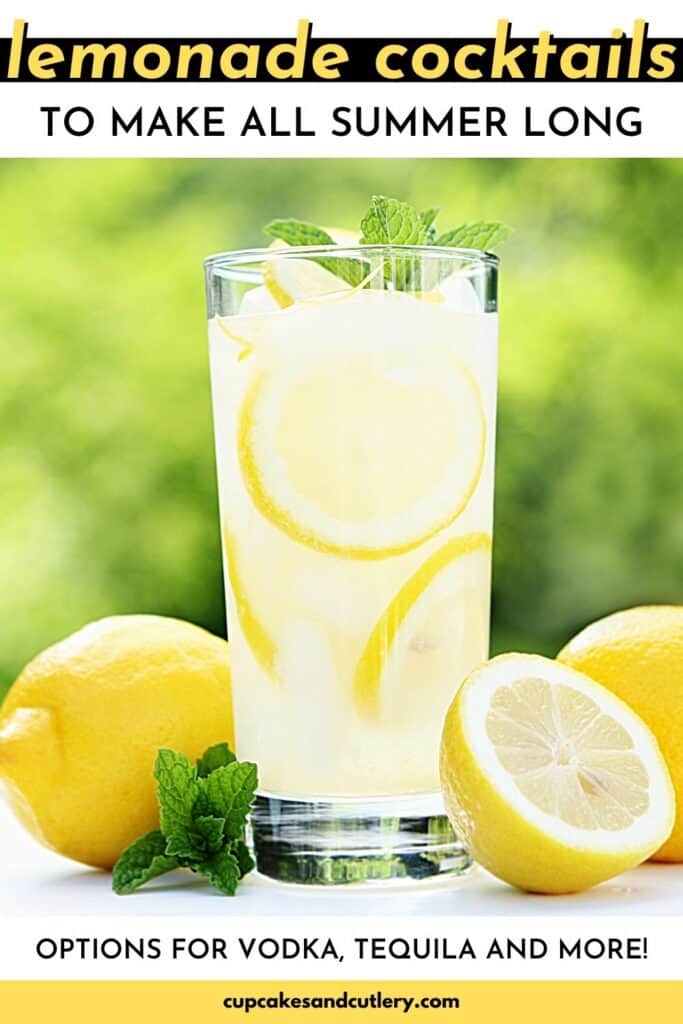 Text: Lemonade cocktails to make all summer long options for vodka, tequila, and more over an image of a glass of lemonade surrounded by sliced lemons.