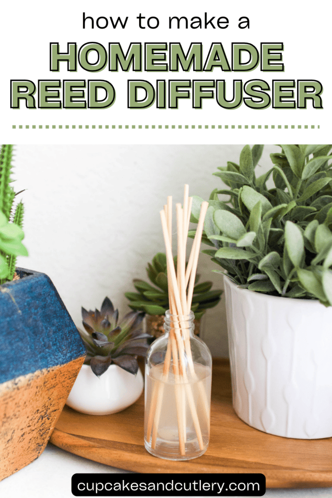 Text: How to make a homemade reed diffuser with a glass bottle holding scented reeds on a table.