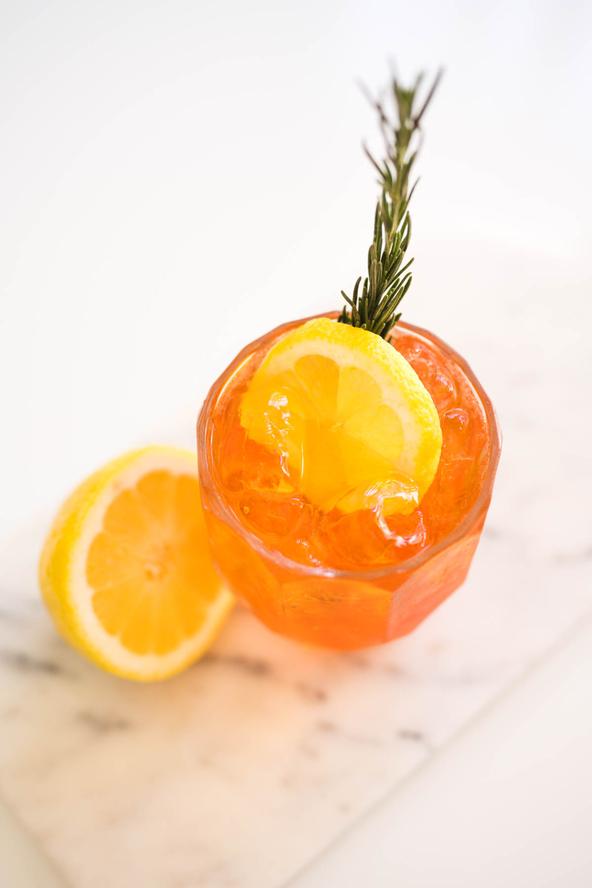 Overhead shot of an Aperol Soda cocktail.