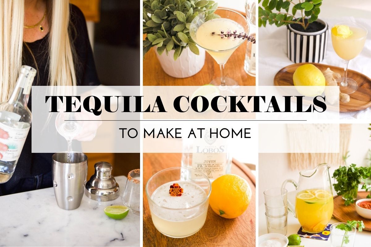 Tequila Drink photos in a collage with a text overlay that says "Tequila Cocktails to make at home".