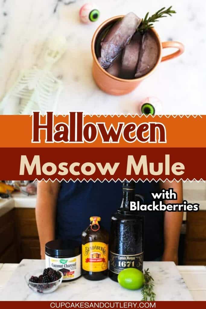 Text: Halloween Moscow Mule with Blackberries, with a copper mug holding a Blackberry mule and the ingredients needed to make it.