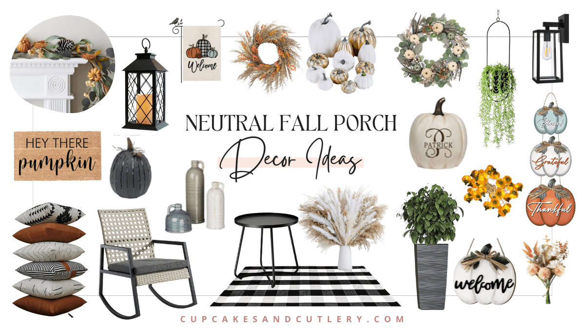 Collage of neutral colored fall decorations for your porch.