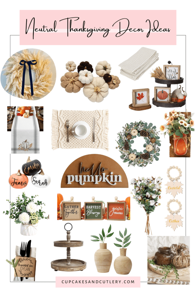 Collage of neutral home decor finds for Thanksgiving.