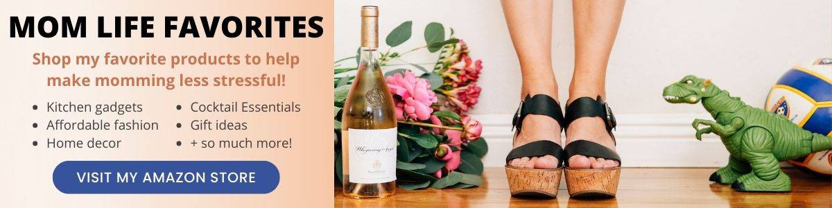 Text and an image of a mom's feet in platform shoes next to wine and a dinosaur toy.