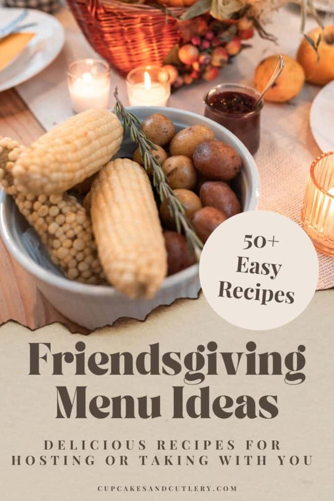 A table full of Friendsgiving food and text for pinterest.