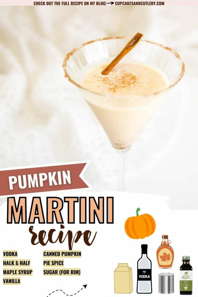 Text: Pumpkin Pie Martini with ingredients listed including vodka, vanilla, canned pumpkin and half and half with an image of a creamy pumpkin martini in a martini glass.