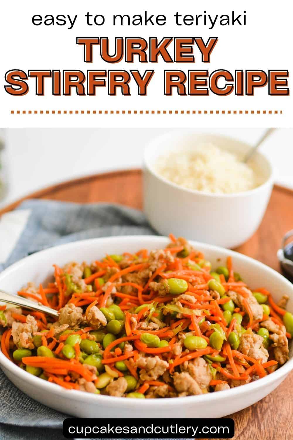 Text: Easy to Make teriyaki turkey stirfry recipe with a serving dish of ground turkey with vegetables and mixed with teriyaki sauce.