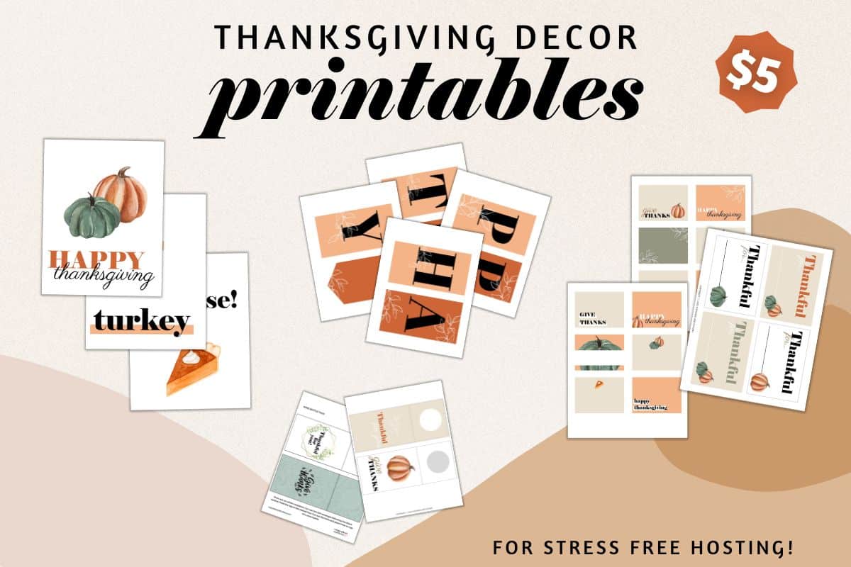 Collage of Thanksgiving decor printables with text.