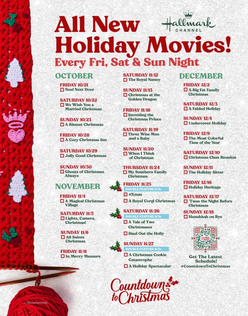2022 Hallmark Channel Countdown to Christmas holiday movie schedule. 