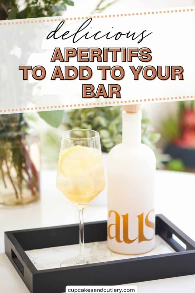 Text: Delicious aperitifs to add to your bar with a bottle of Haus aperitif and a wine glass holding a cocktail.