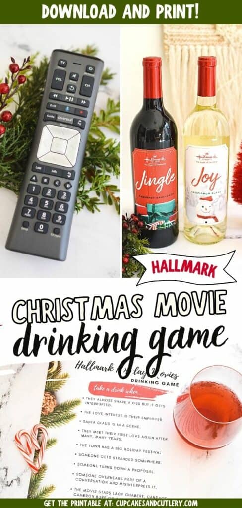 Text: Download and Print. Hallmark Christmas Movie Drinking Game with an image of hallmark wine, a remote control and a printable game card.