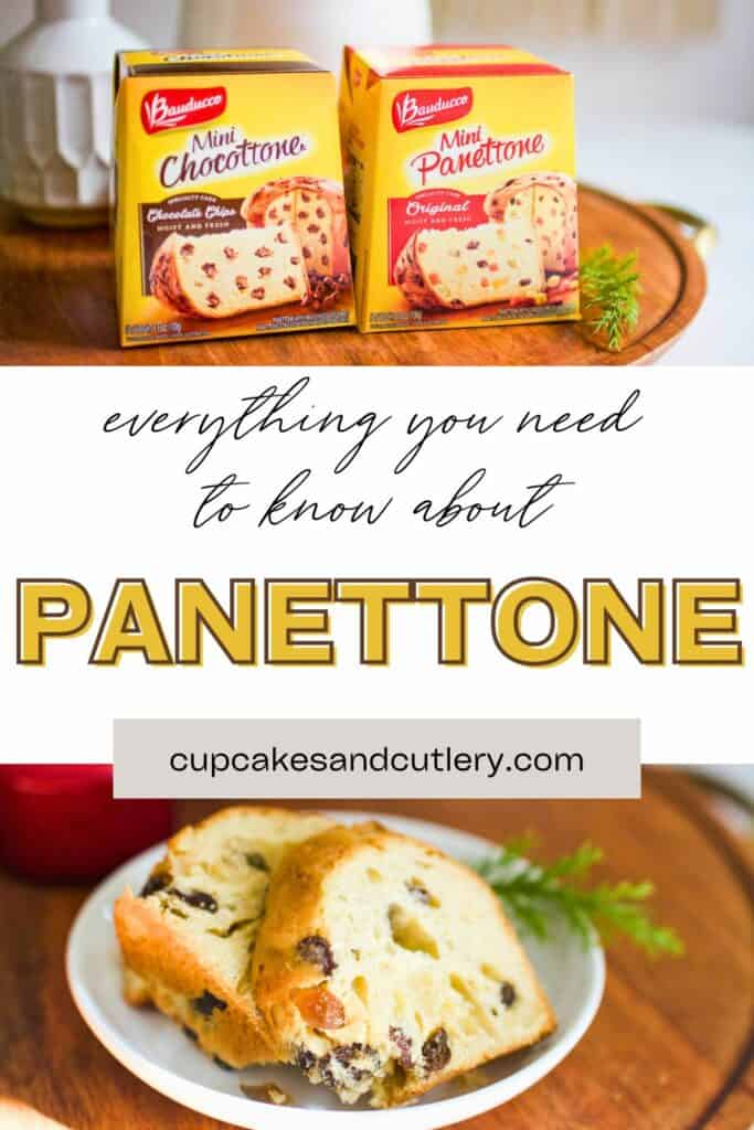 Text: Everything you need to know about panettone with a photo of two Italian Christmas cakes in boxes and one sliced on a plate.