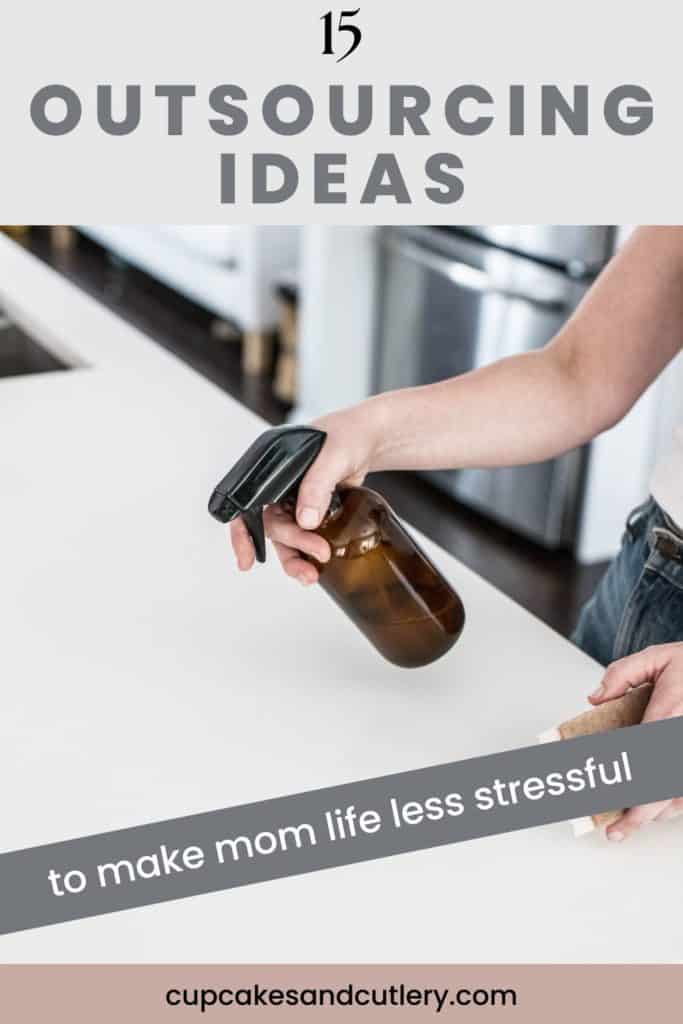 Woman using an amber colored spray bottle to clean a counter with text over it.