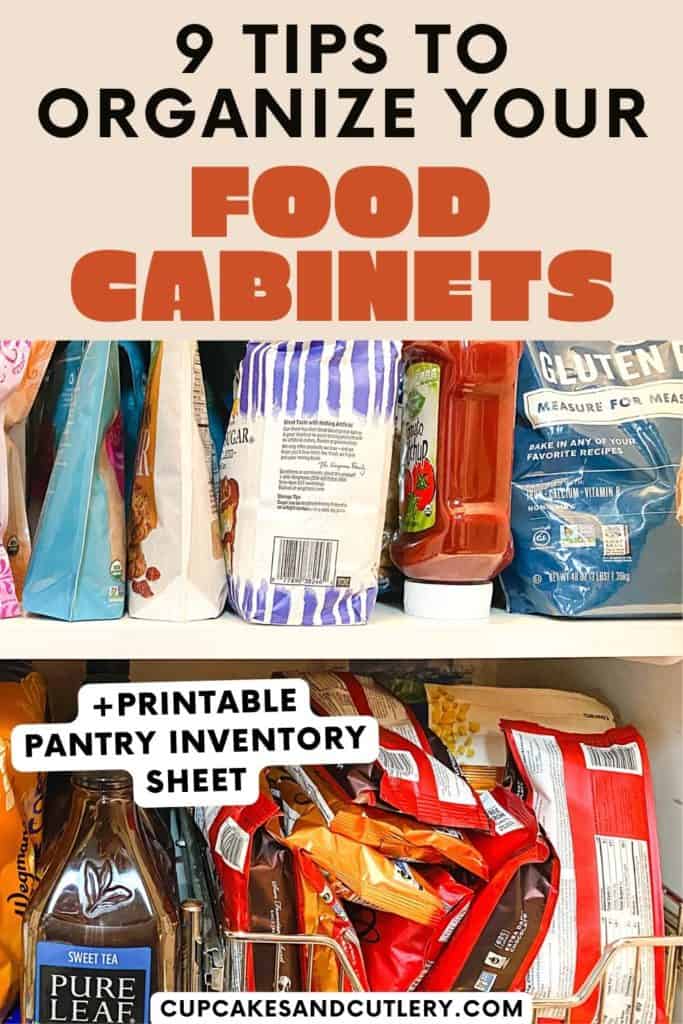 Messy food cupboard with text that says "tips to organize food cabinets."