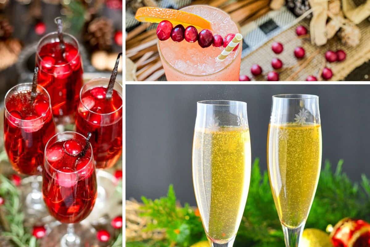 Collage of Christmas Cocktails in champagne glasses for the holidays.