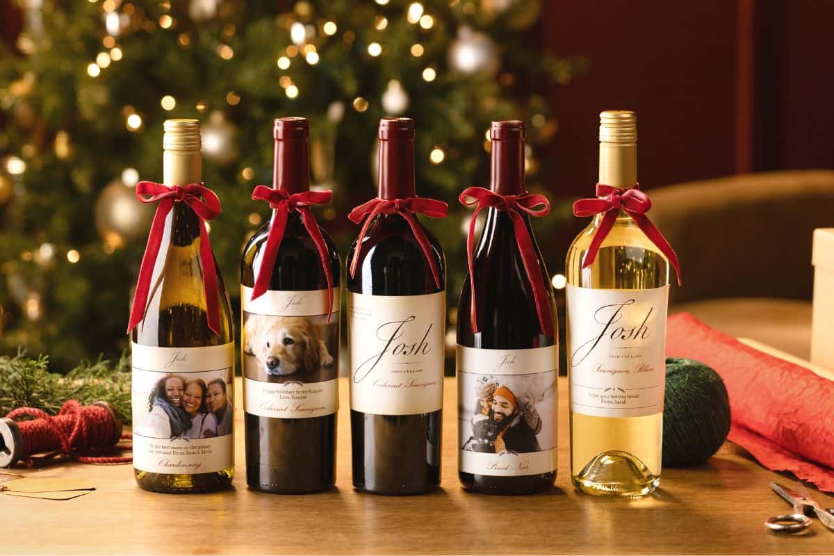 5 bottles of wine from Josh Cellars with customized wine labels for Christmas. 