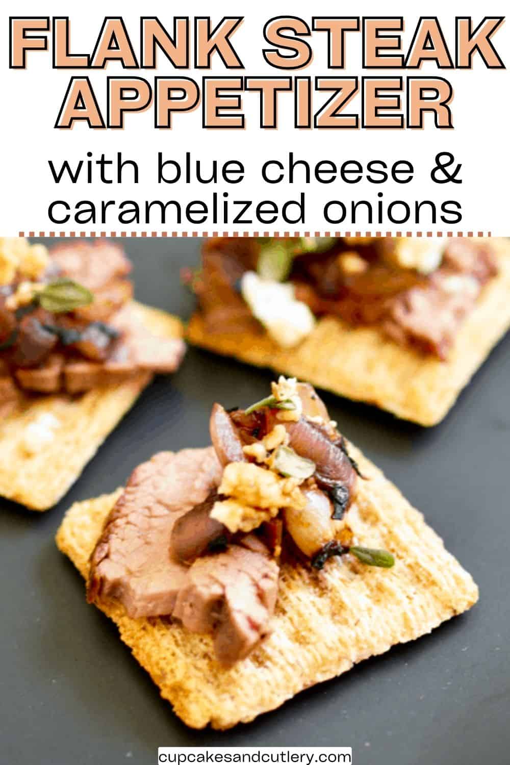 Text: Flank steak appetizer with a few Triscuit crackers on a plate topped with steak, blue cheese and onions.