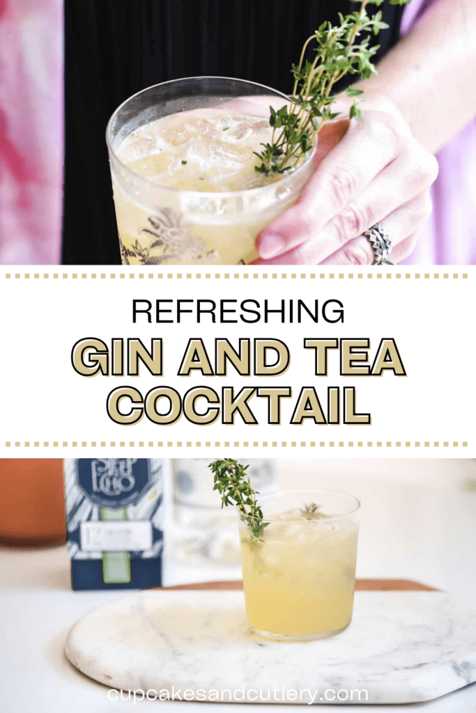 Text: Refreshing gin and tea cocktail with a woman holding a cocktail in her hand and one cocktail sitting on a table.