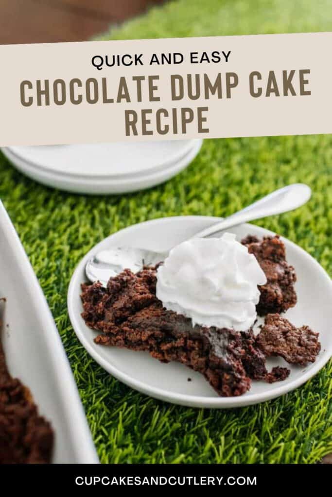Text: quick and easy Chocolate Dump Cake Recipe with a dessert plate holding a portion of chocolate dump cake topped with whipped cream.