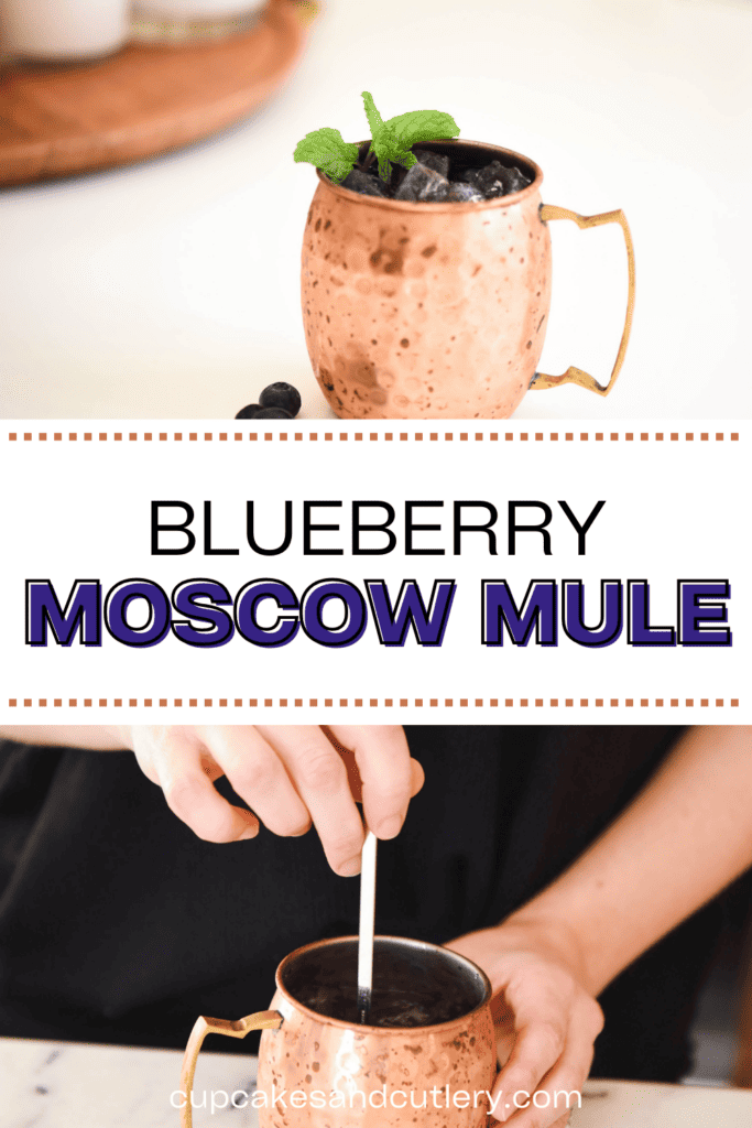 Text: Blueberry moscow Mule with a copper mule mug and a woman stirring a cocktail in a copper mug.