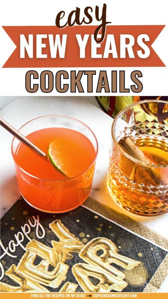 Text: Easy New Years Cocktails with an image of a few cocktails next to a cocktail napkin.