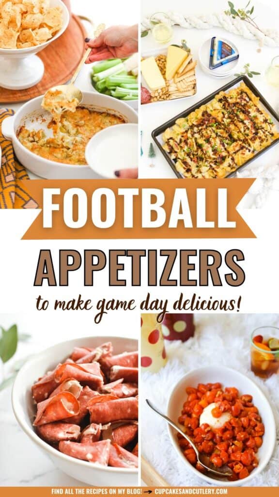 Text: Football Appetizers to make game day delicious with a variety of images of appetizers to make for a football party.