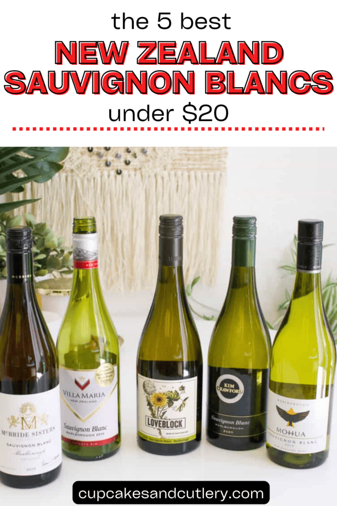 Text: The 5 best New Zealand Sauvignon Blancs under $20 with bottles of wine on a table.