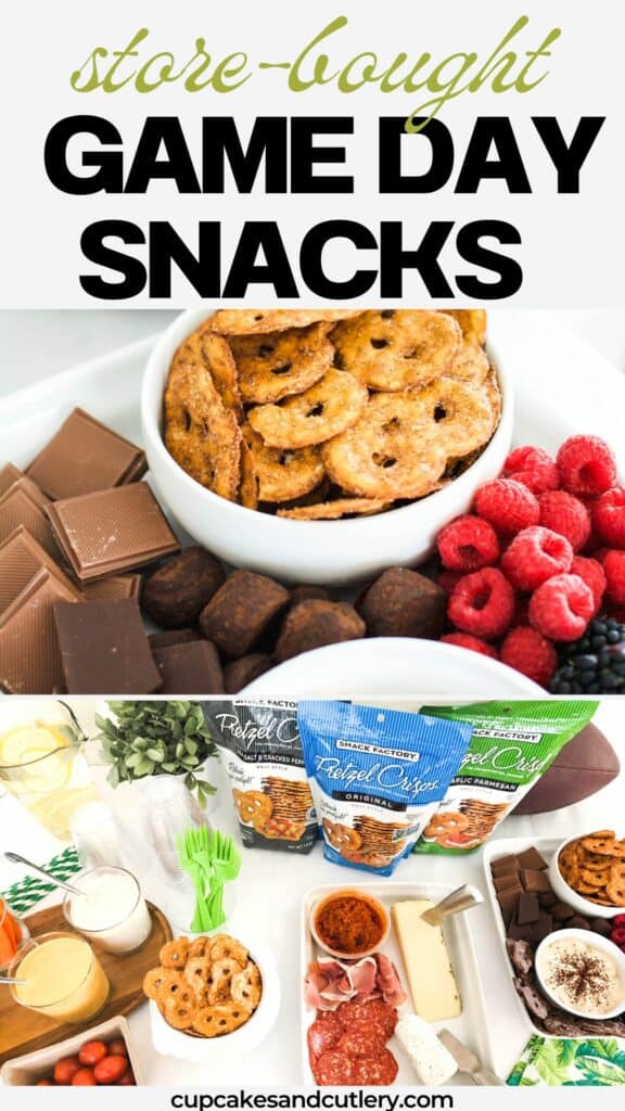 Text: Store-bought Game Day Snacks with a collage of snack ideas to serve for a football party.
