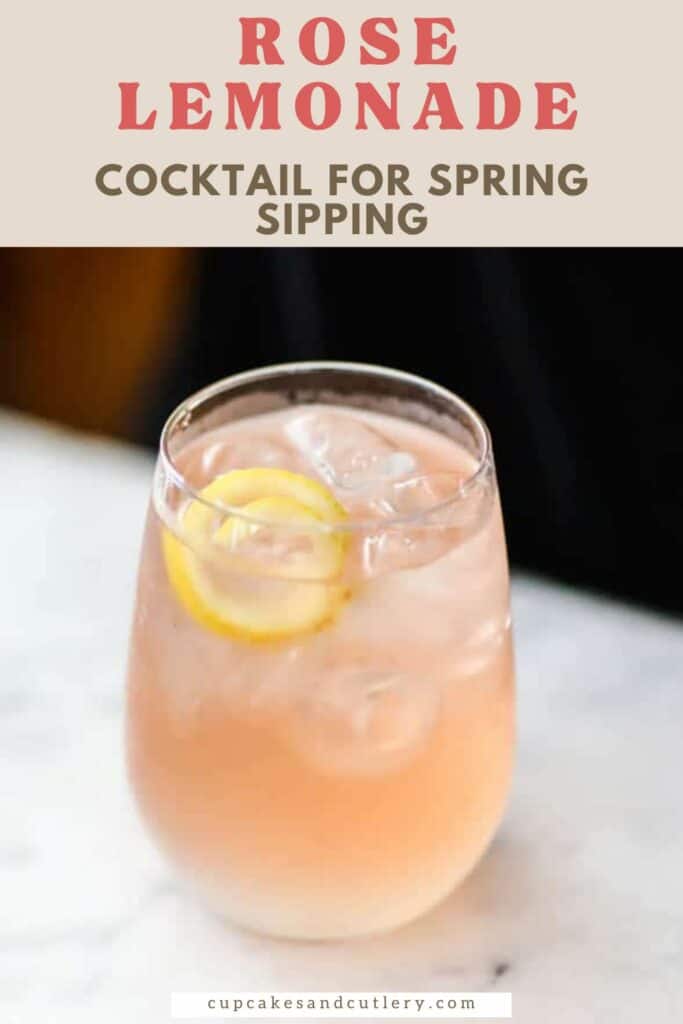 Text - Rosé Lemonade Cocktail for Spring Sipping with a stemless wine glass with a pink cocktail with a lemon twist.