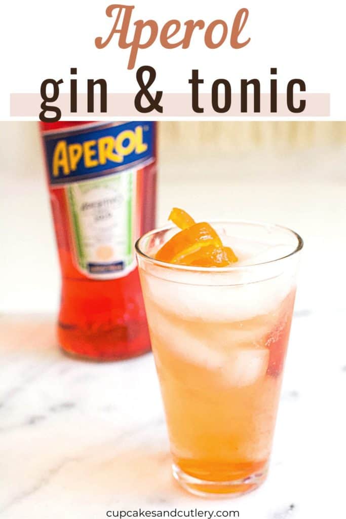 A glass holding a cocktail topped with an orange garnish next to a bottle of Aperol, Text - Aperol Gin and Tonic.