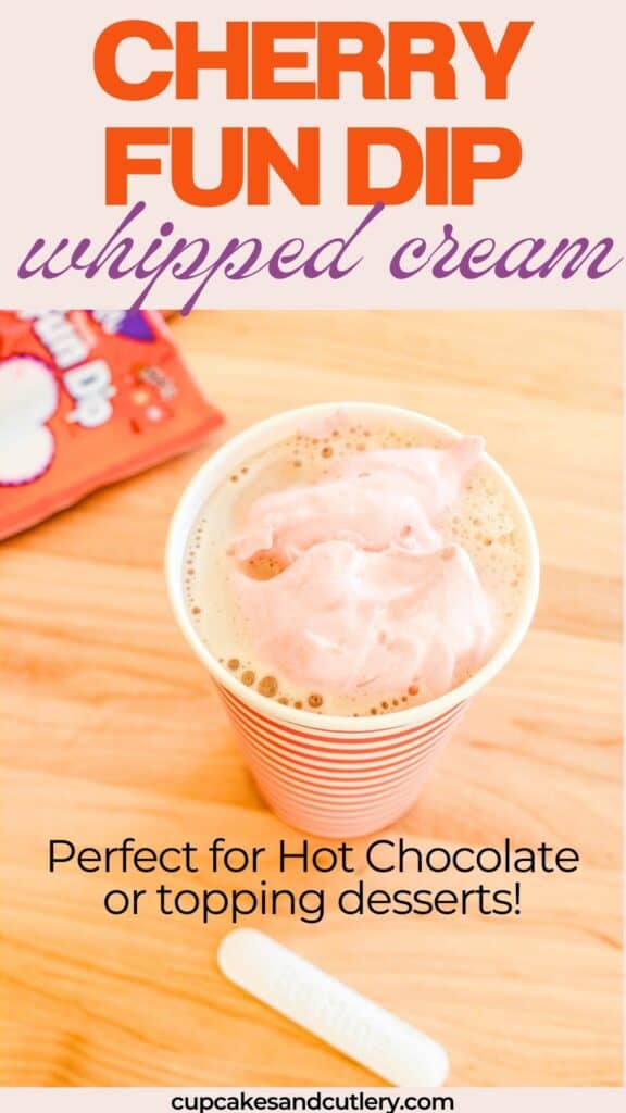 Text: Cherry Fun Dip Whipped Cream, perfect for hot chocolate or topping desserts with a cup holding chocolate milk with pink whipped cream on top.