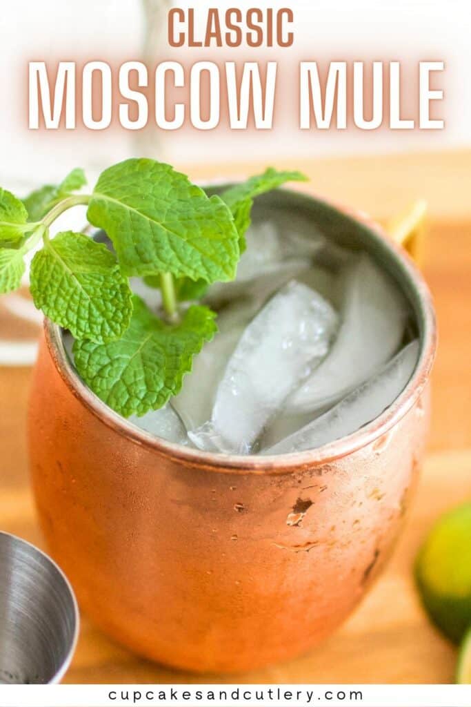 Text: Classic Moscow Mule with a cocktail in a copper mule mug with a fresh mint garnish.