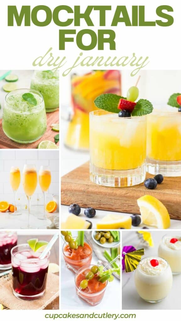 Text: Mocktails for Dry January with a collage of beverages that do not have alcohol.