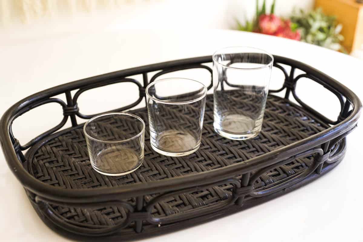 3 different sizes of small round glasses used to serve cocktails and mocktails at home.
