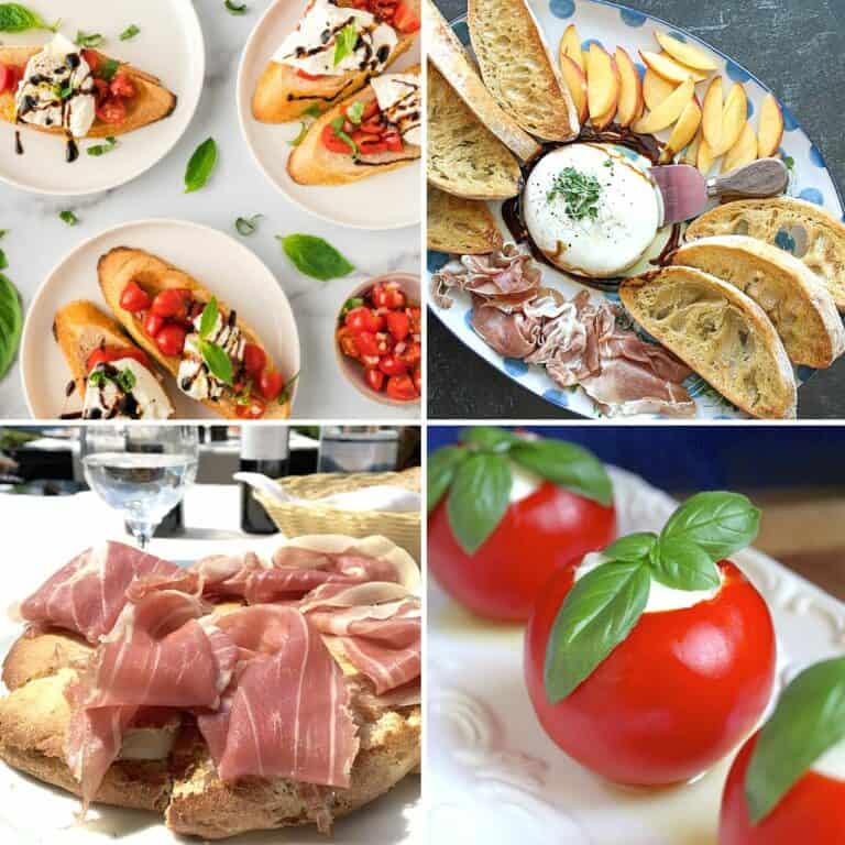 A collage of four burrata recipes made with tomatoes, peaches, fresh herbs and more.