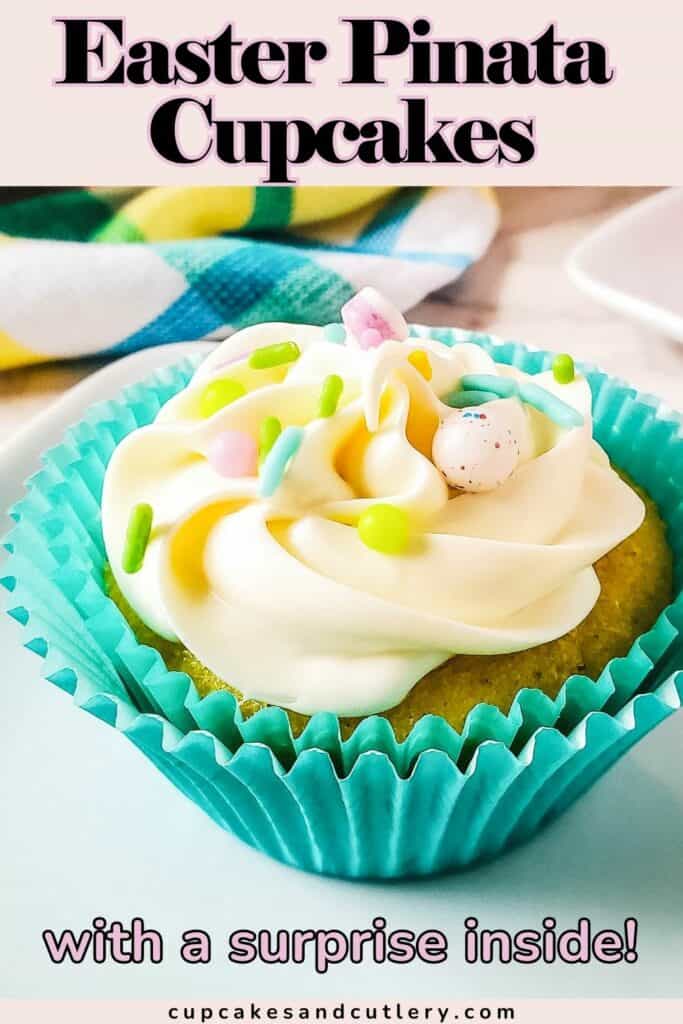 Text - Easter Pinata Cupcakes with a surprise inside- image of a white frosted cupcake topped with Easter sprinkles and Jelly Beans.