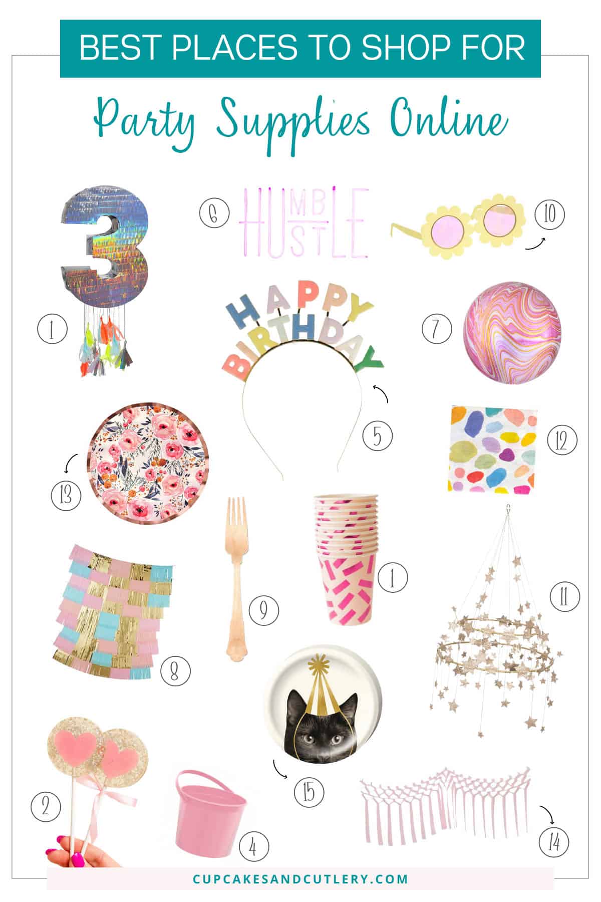 Text - Best party supplies with a collage of cute and unique party supplies.