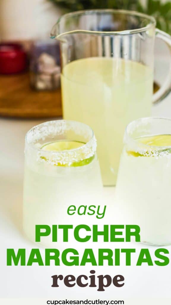 Text: Easy pitcher margaritas recipe with a pitcher of margaritas and 2 glasses holding the tequila cocktail.