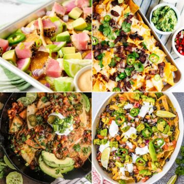 A collage of three nacho recipes to make for dinner.
