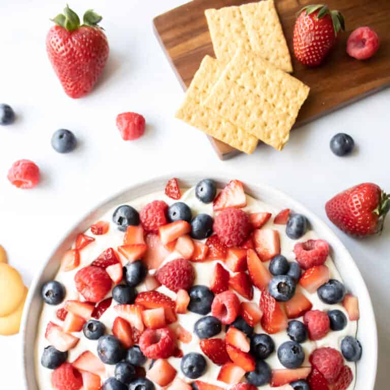 Red White and Blue Berry Cheesecake Fruit Dip Recipe for 4th of July