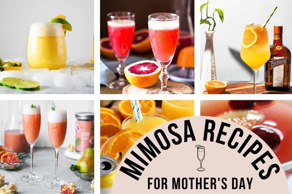 Text - Mimosa Recipes for mother's day with a collage of unique mimosa recipes.