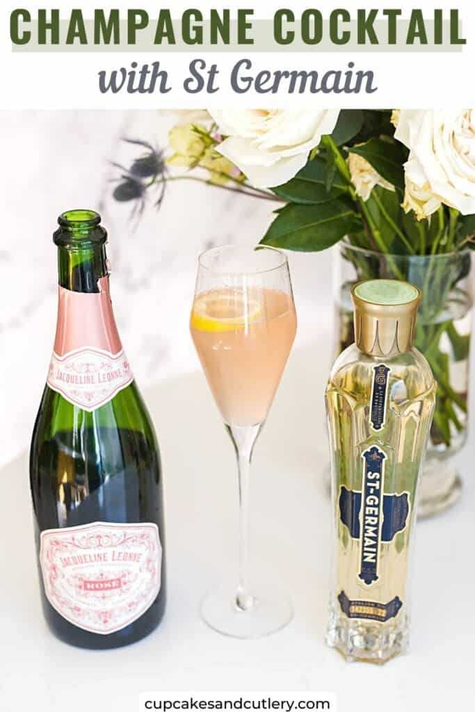 Bottles of pink champagne and St Germain next to a St Germain Champagne Cocktail